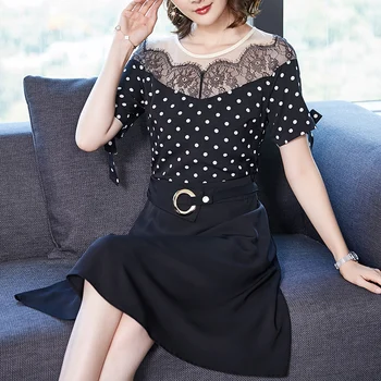 

summer 2018 new design wave point print dress lace a-line faux two pcs dresses lady vestido casual clothing vogue size S-XXL