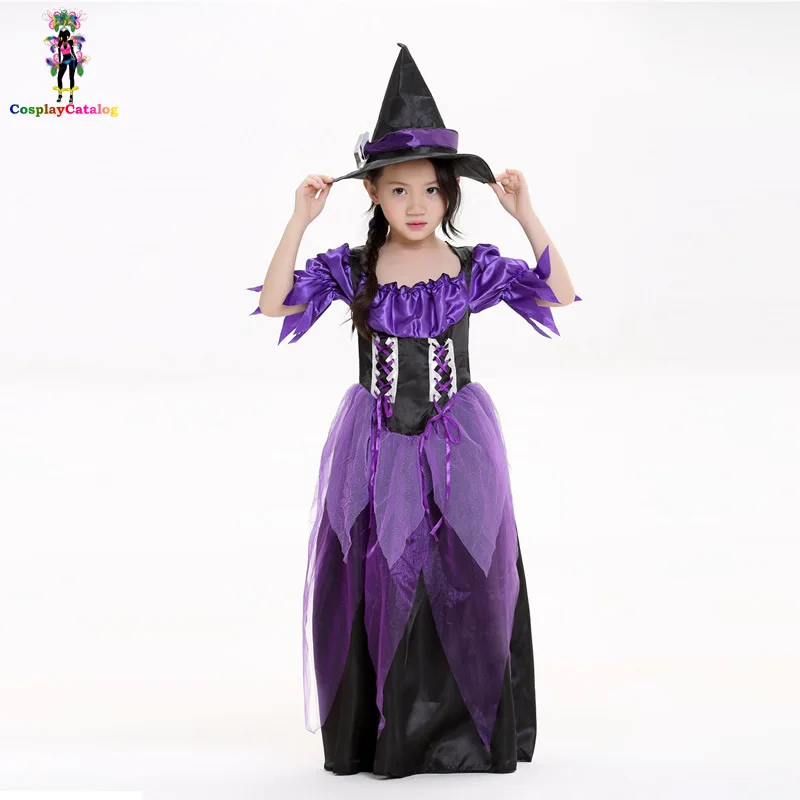 Идеальный фиолетовый девушка костюм ведьмы на Хэллоуин Красивые платья для детей чудесные Косплэй ведьмы Костюмы Принцессы Размеры SML