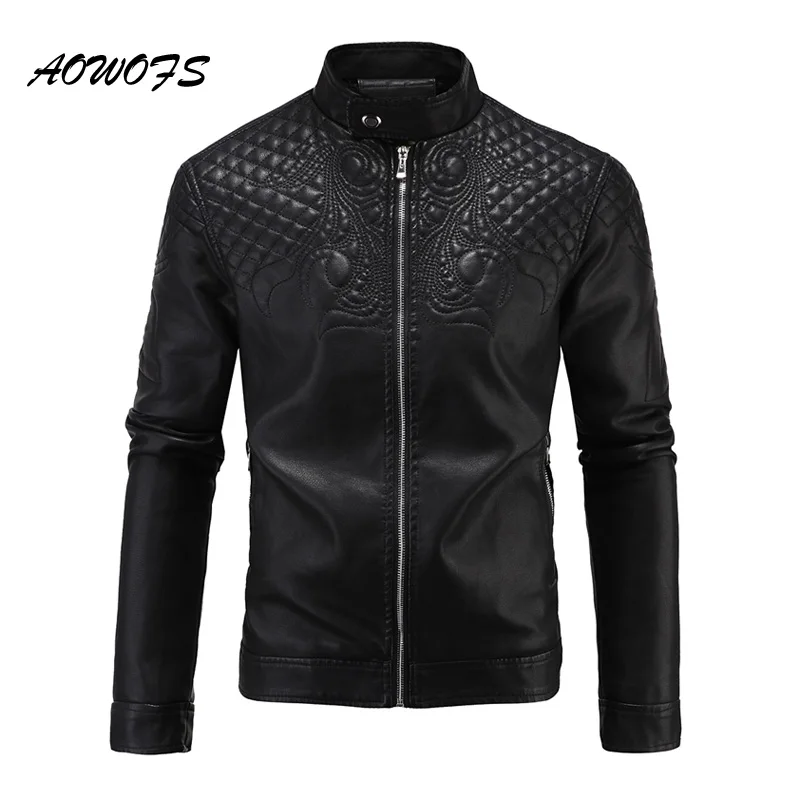 AOWOFS Mens leather jackets paisley embossed floral winter jackets men