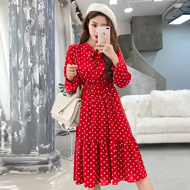 

Women Summer Dress 2019 Korean Chiffon Polka Dot Dress Elegant Long Sleeve Casual Beach Dresses Midi Party Vestidos KJ1791