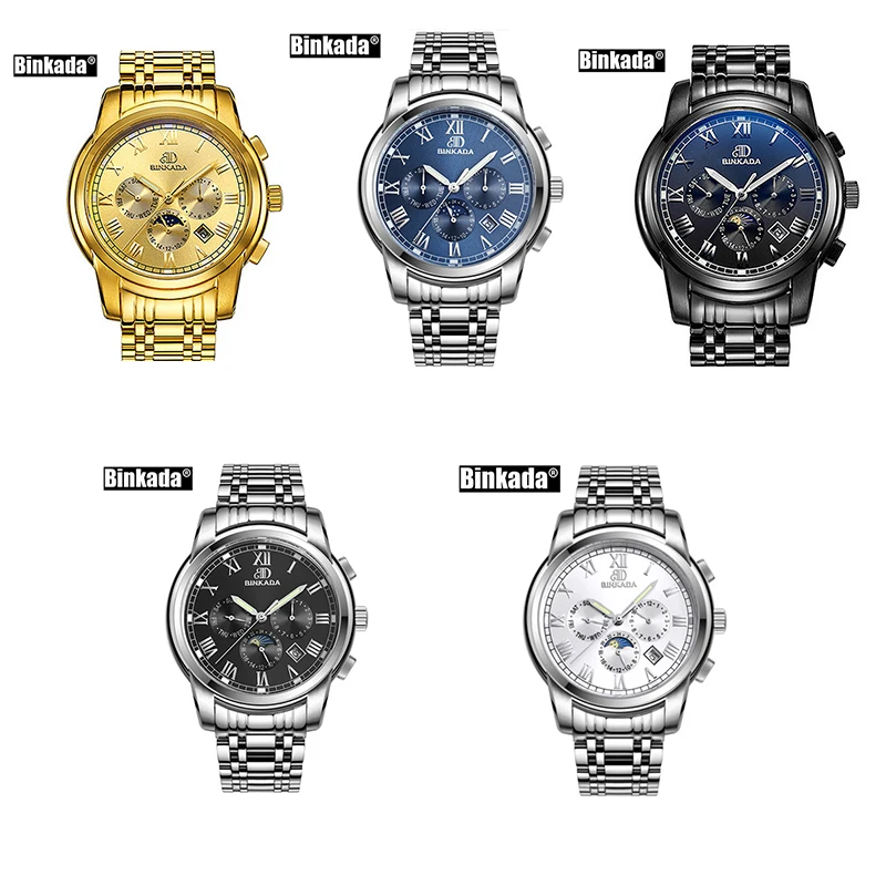 BINKADA спортивные часы мужские черные Автоматические механические New Moon Phase