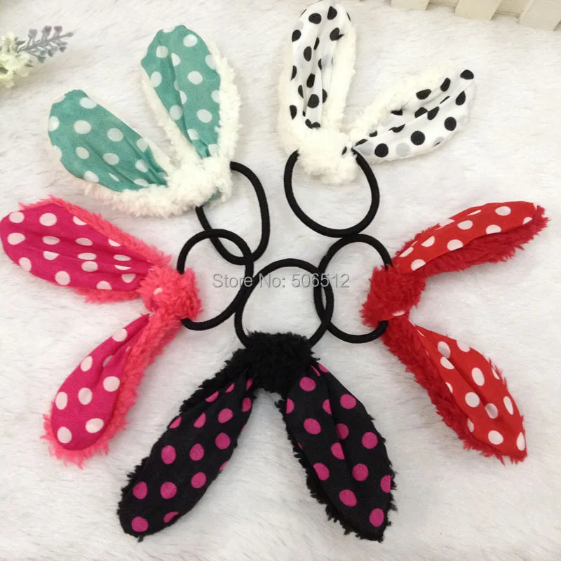10 pcs/lot Épais Lapin Oreilles De Lapin Dot Élastique Bandeau Automne Hiver Style Corde De Cheveux Pour Bébé Filles Mignon Chev.