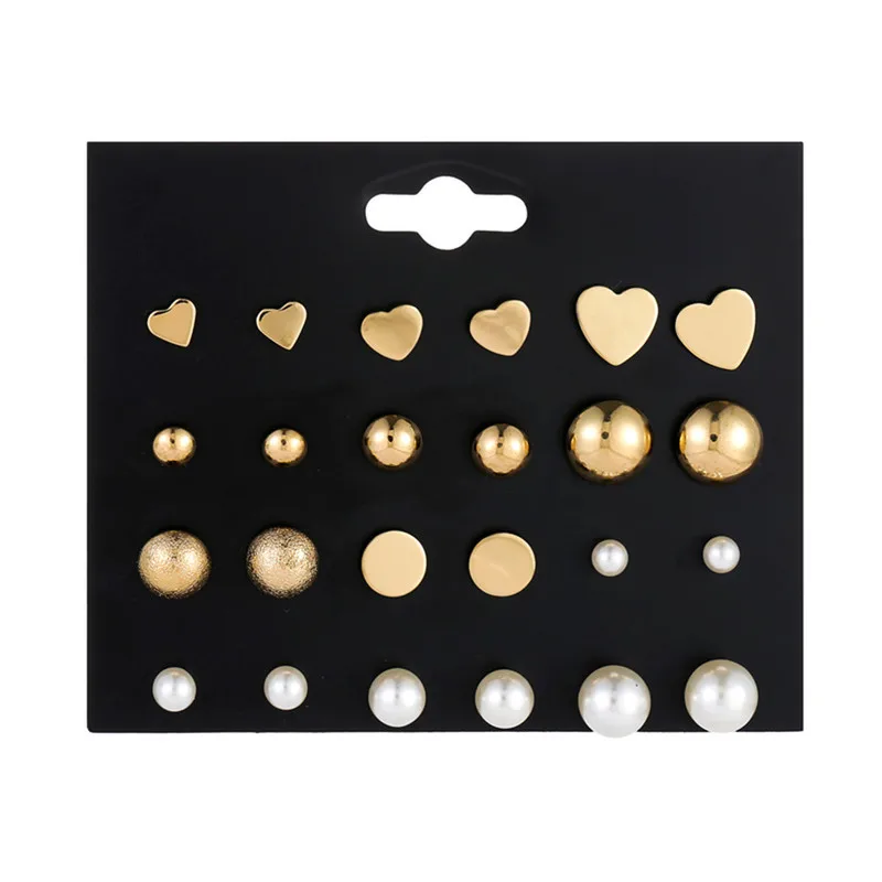 

9 Pairs/Set Fashion Gold Color Heart Earrings Punk Fake Pearl Men Women Stud Earings Wholesale Jewelry Lady Party Pendientes