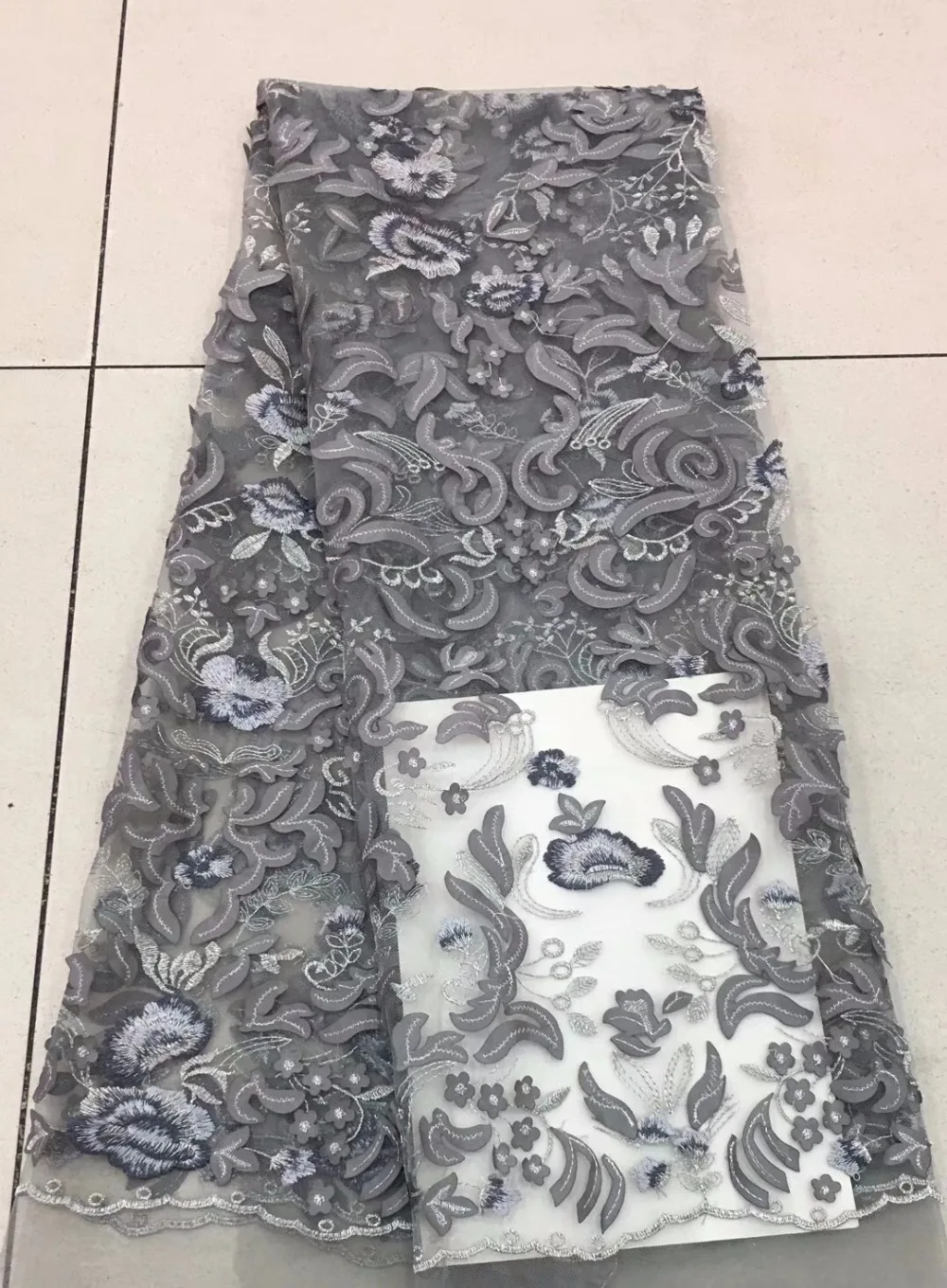 

Embroidery Nigeria Lace, 3D applique Lace Fabric High Quality Lace , gray Nigerian Lace Fabrics For Wedding