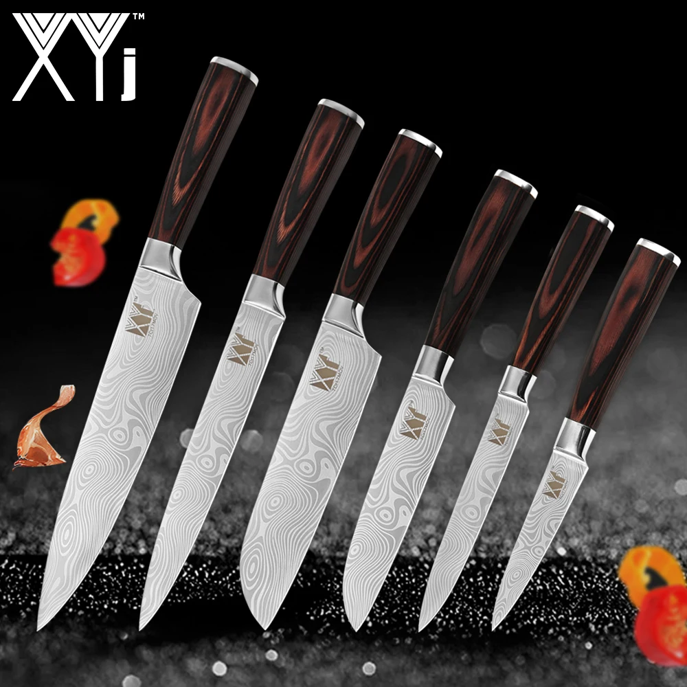 XYj Stainless Steel Kitchen Knives Set With Holder Block Fruit Utility Santoku Chef Slicer Damascus Veins Kitchen Cook Knives XYj Stainless Steel Kitchen Knives Set With Holder Block Fruit Utility Santoku Chef Slicer Damascus Veins Kitchen Cook Knives