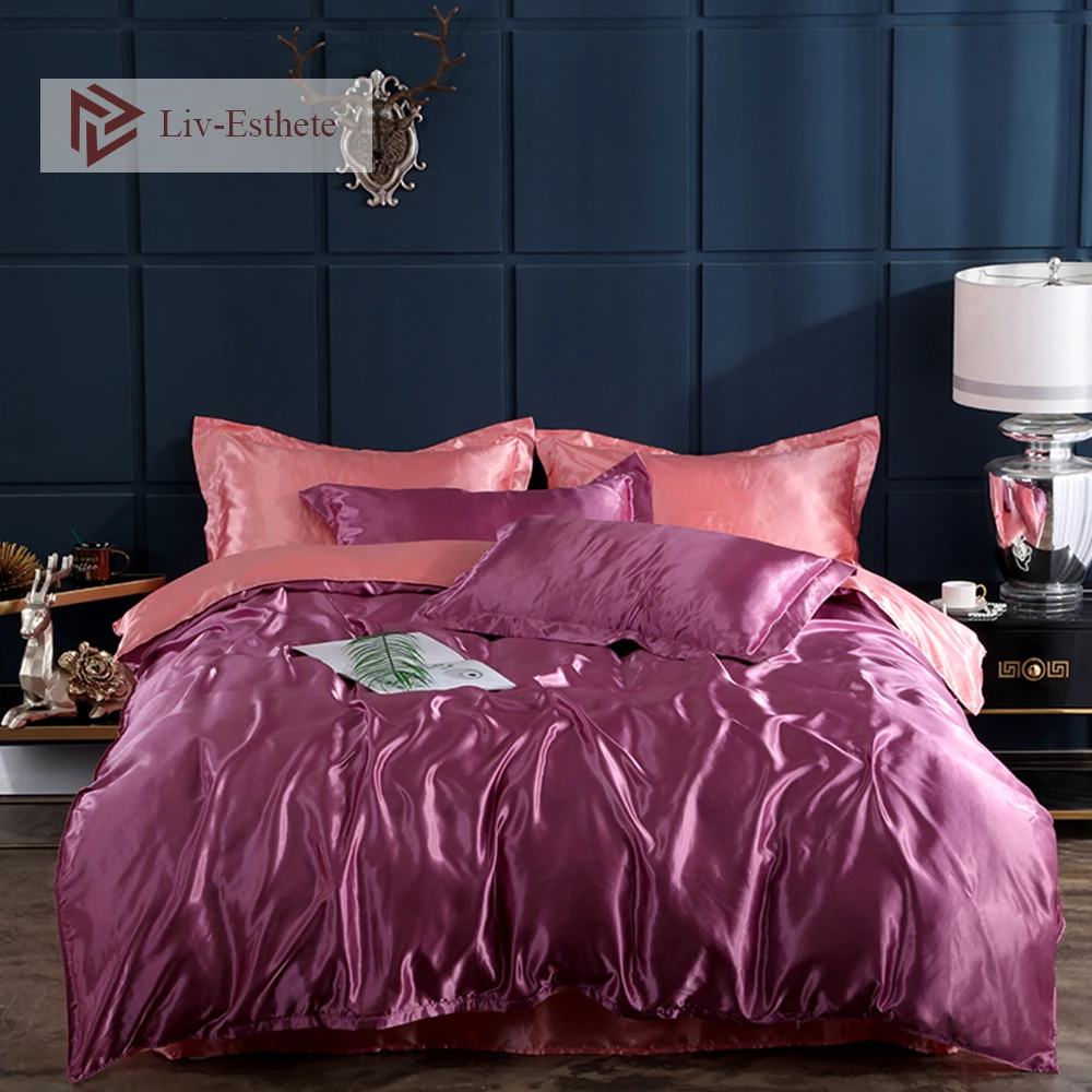 

Liv-Esthete Hot Sale Luxury Silk Bedding Set Silky Duvet Cover Flat Sheet Pillowcase Queen King Bed Set Home Textile Wholesale