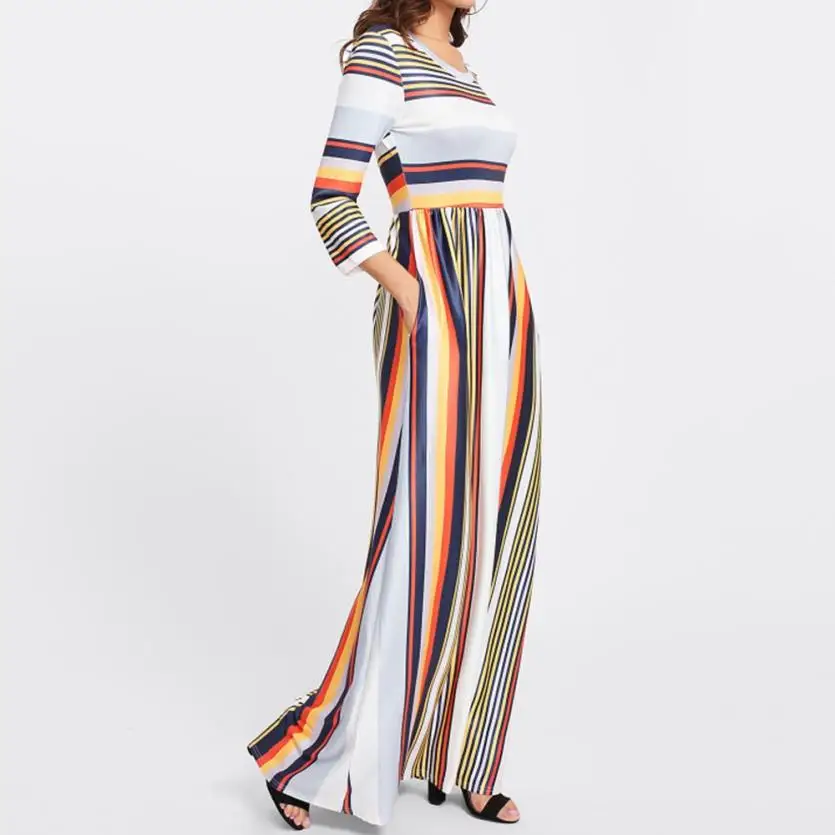 

FeiTong Elegant chromatic stripe summer dress shirt women Office OL maxi dress 2018 Pocket streetwear casual long dress vestidos