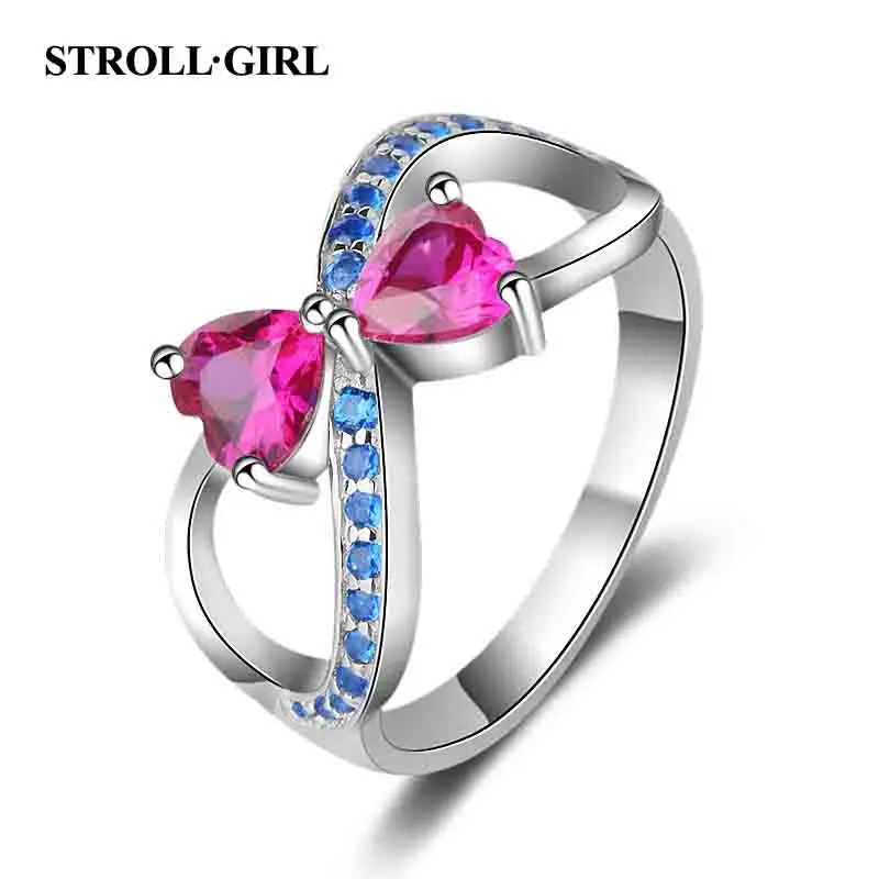 

Strollgirl New Trendy 925 Sterling Silver Sparkling Bow Knot Ring With Blue & Pink CZ Ring for Women 2019 Weddings Gift Jewelry