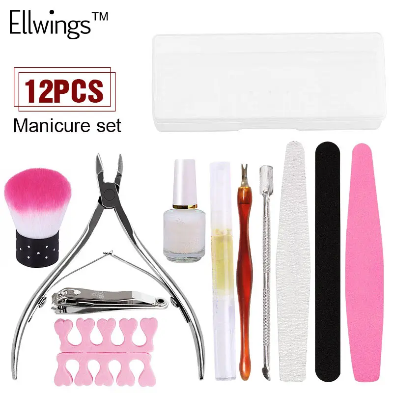 Ellwings 12 шт./лот набор инструментов для дизайна ногтей, кисть для ногтей, пилочка для кутикулы, вилка, толкатель, УФ Гель-лак для маникюра, инструменты высокого качества