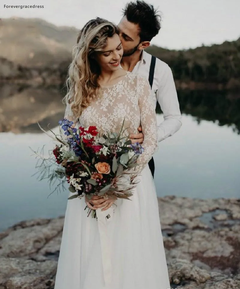 Beach Garden Boho Long Sleeve Wedding Dresses Western Country Style Sheer Lace Appliques Sexy Hollow Back Long Bohemian Bridal Gowns  139 (7)