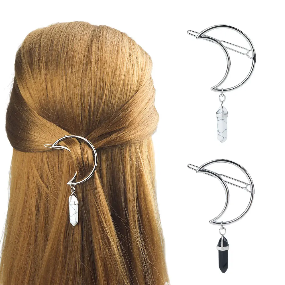 1 шт. винтажные Модные женские заколки для волос в форме Луны кварцевые шестигранные натуральный камень в виде пули призмы Шарм шпилька подарки