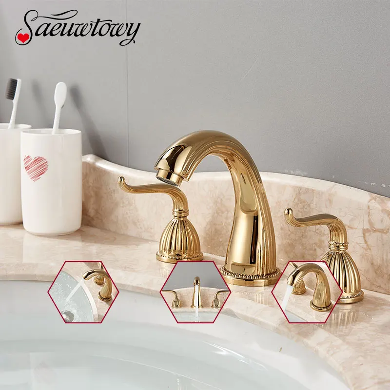 

Saeuwtowy Golden Bathtub Sink Faucet Hot and Cold Basin Mixer Tap Deck Mounted Dual Handle Three Hole