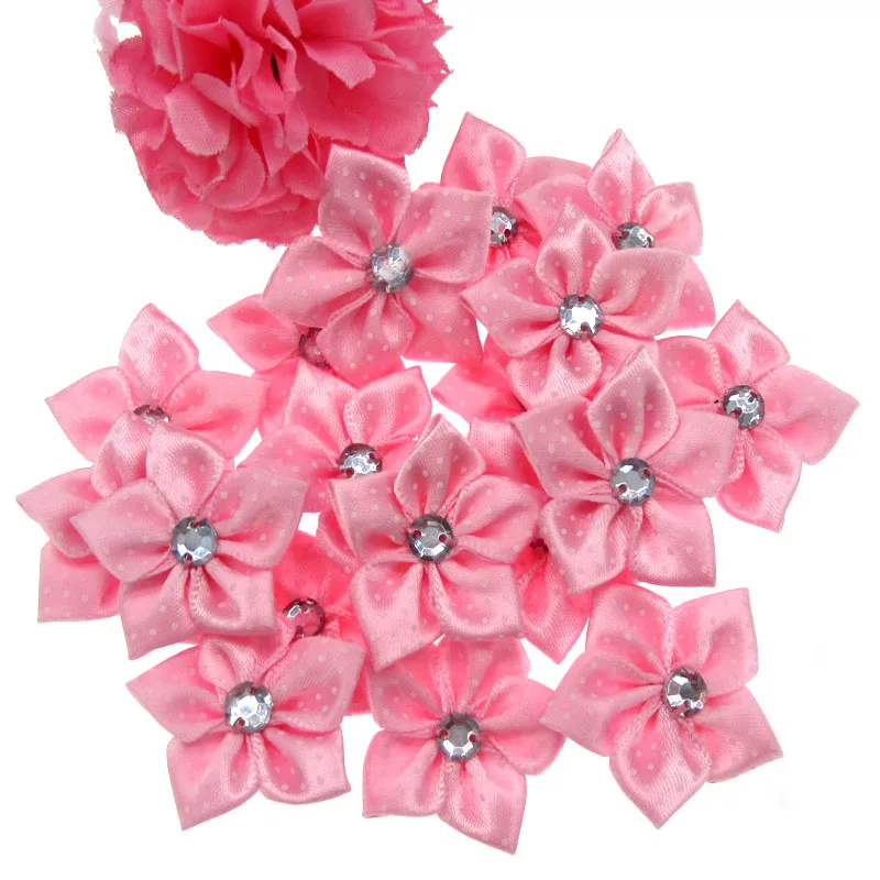 

30Pcs Pink Printed Satin Dot Ribbon Flower Acryl Rhinestone Fabric Flowers Applique Craft Wedding Decorations 3.5cm