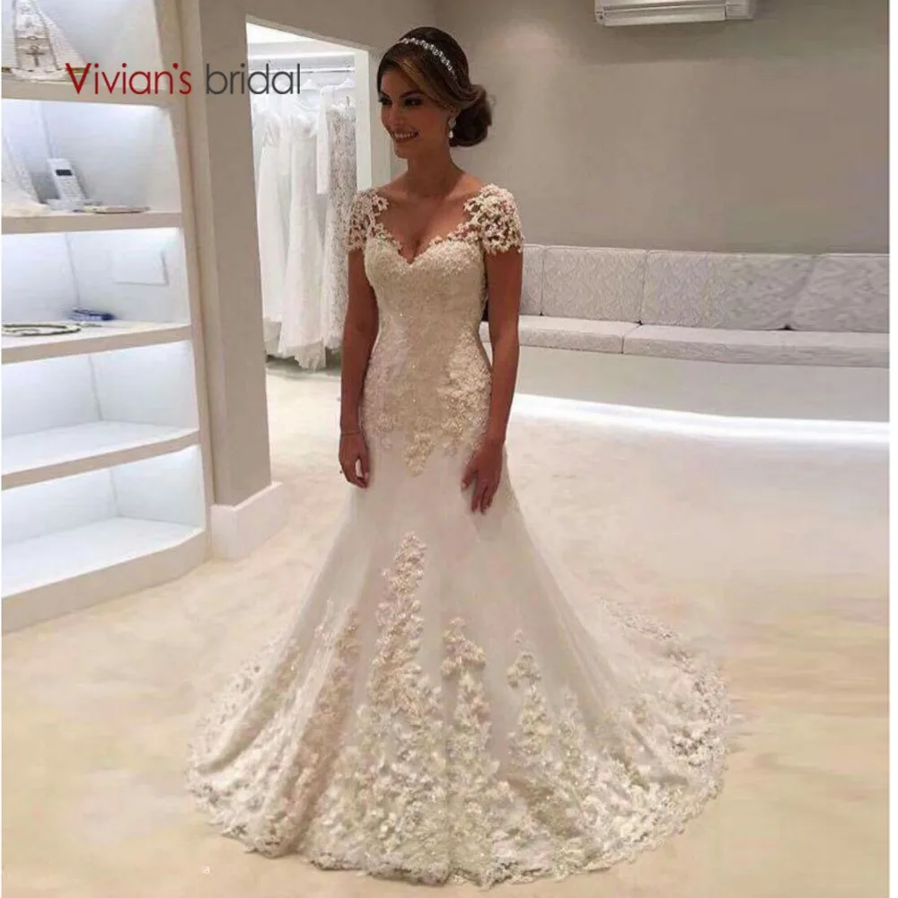 Vivian S Bridal 2018 Backless Cap Sleeve Mermaid Wedding Dress
