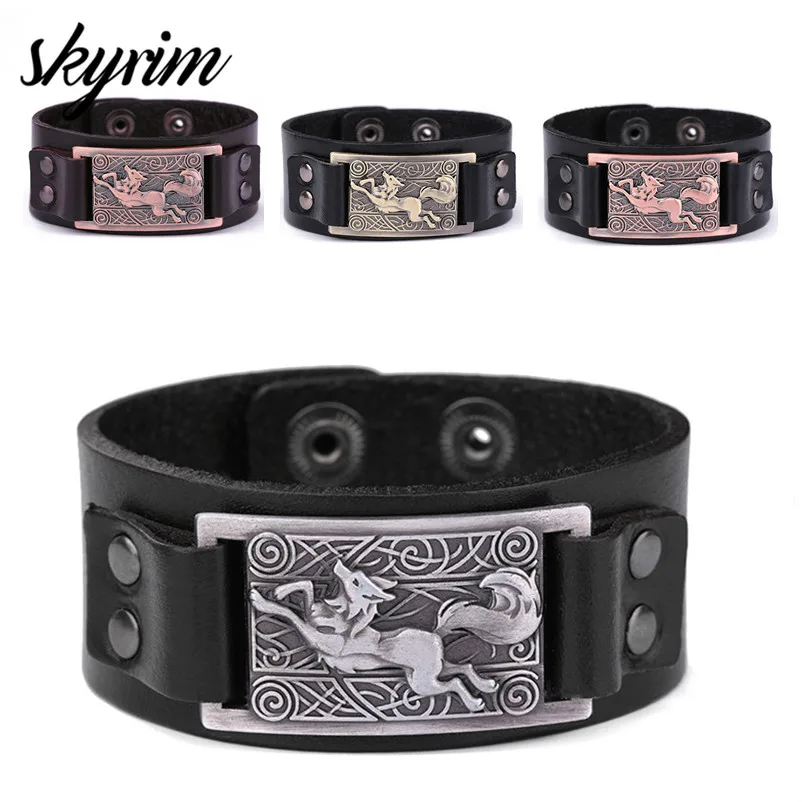 Skyrim Teen Wolf Leather Bracelets Viking Wolf Totem Metal