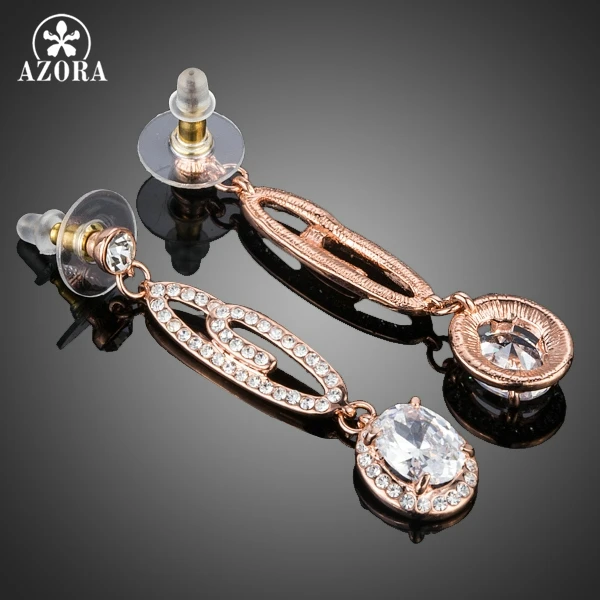 AZORA Rose Gold Color Big Dangling G with Round Clear AAA Cubic Zirconia Drop Earrings TE0171