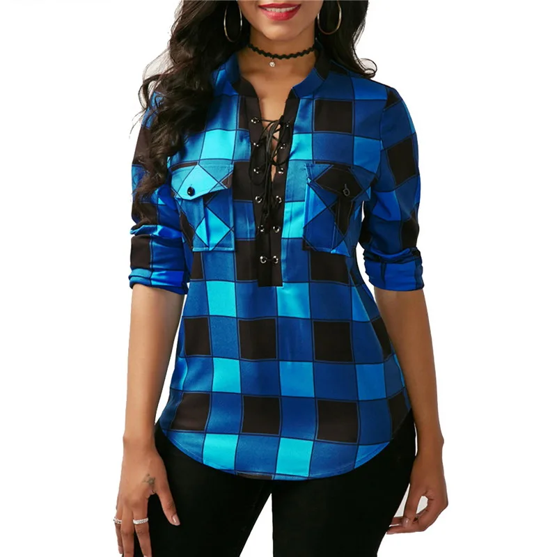 

BZBFSKY Women Plaid Shirts 2019 Spring Long Sleeve Blouses Shirt Office Lady Cotton Lace up Shirt Tunic Casual Tops Plus Size