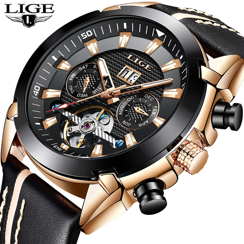 Marca de Luxo Esporte à Prova Masculino + Caixa Novo Lige Moda Relógio Masculino Automático Mecânico Casual Dwaterproof Água Relógios