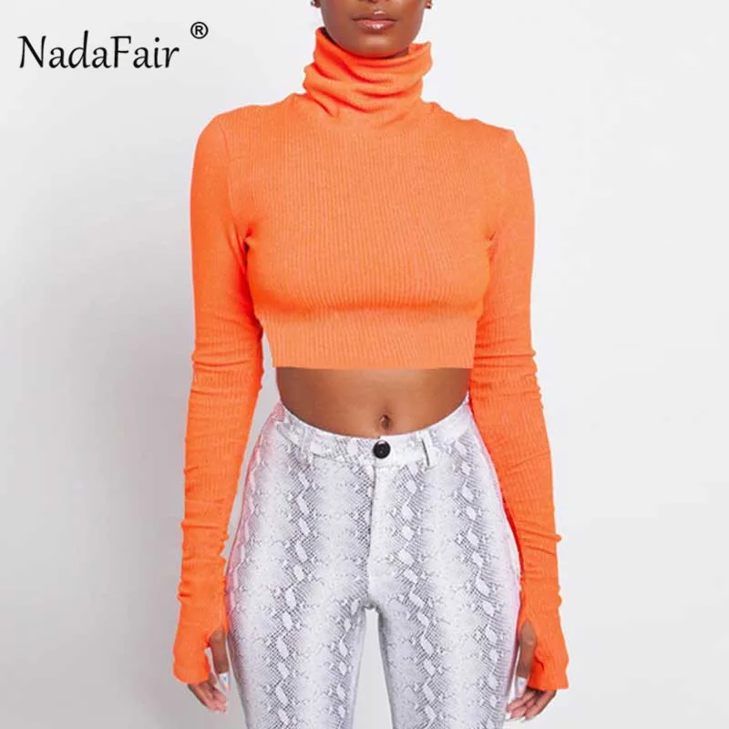 

Nadafair Orange Neon Pink Turtleneck T-shirt Women 2019 Autumn Skinny Long Sleeve Crop Top Ribbed Knitted Short Tee Female