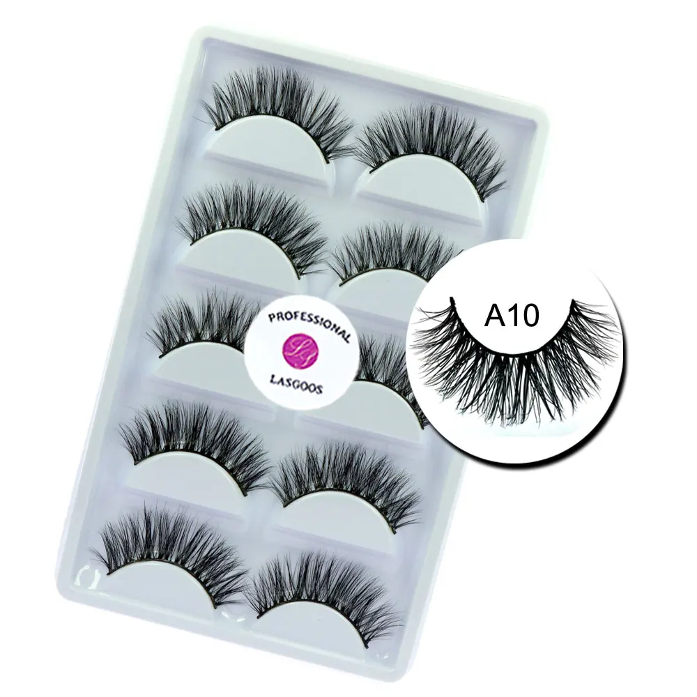 

LASGOOS 5 Pairs 100% Real Mink Siberian 3D Messy Cross 13mm Daily School Life False Eyelashes Fake Lashes Wedding Eye Makeup A10