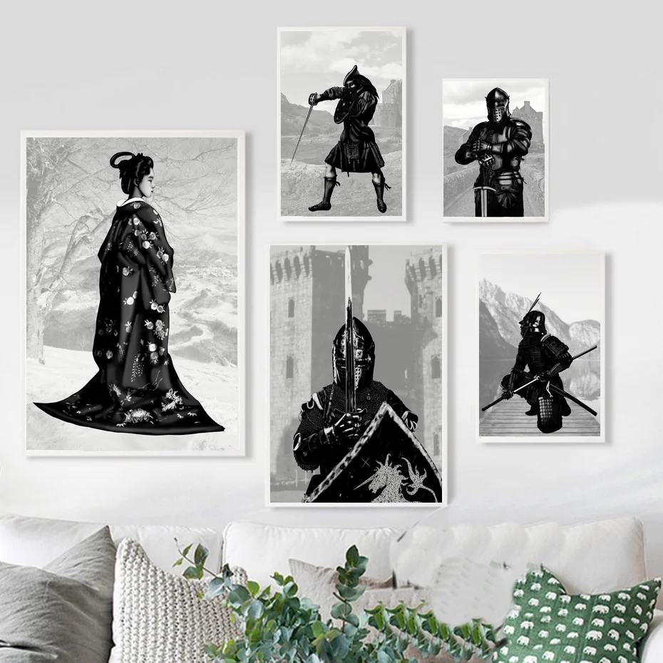 

Geisha Silhouette Jacobite Warrior Medieval Knight Samurai Modern Home Decor Canvas Painting Art Print Wall Picture