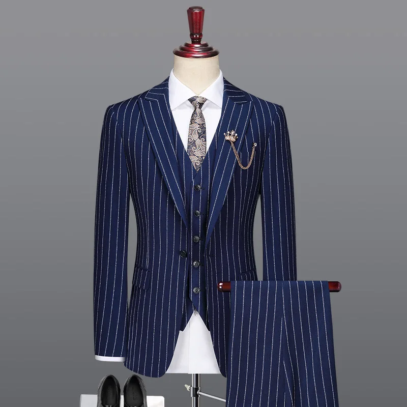 

men suit deep blue striped casual mens suits with pants vests wedding suits for men father day gift 6xl slim fit plus size 58