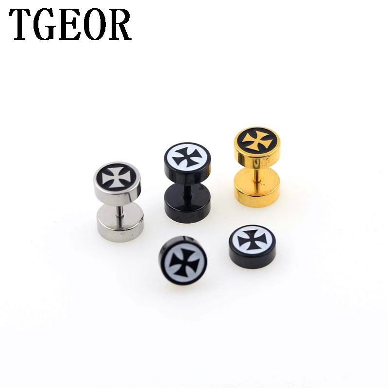 

free shipping illusion cheaters 20pcs 1.2*6*8/8mm Stainless Steel double side drop black oil cross piercing fake plugs