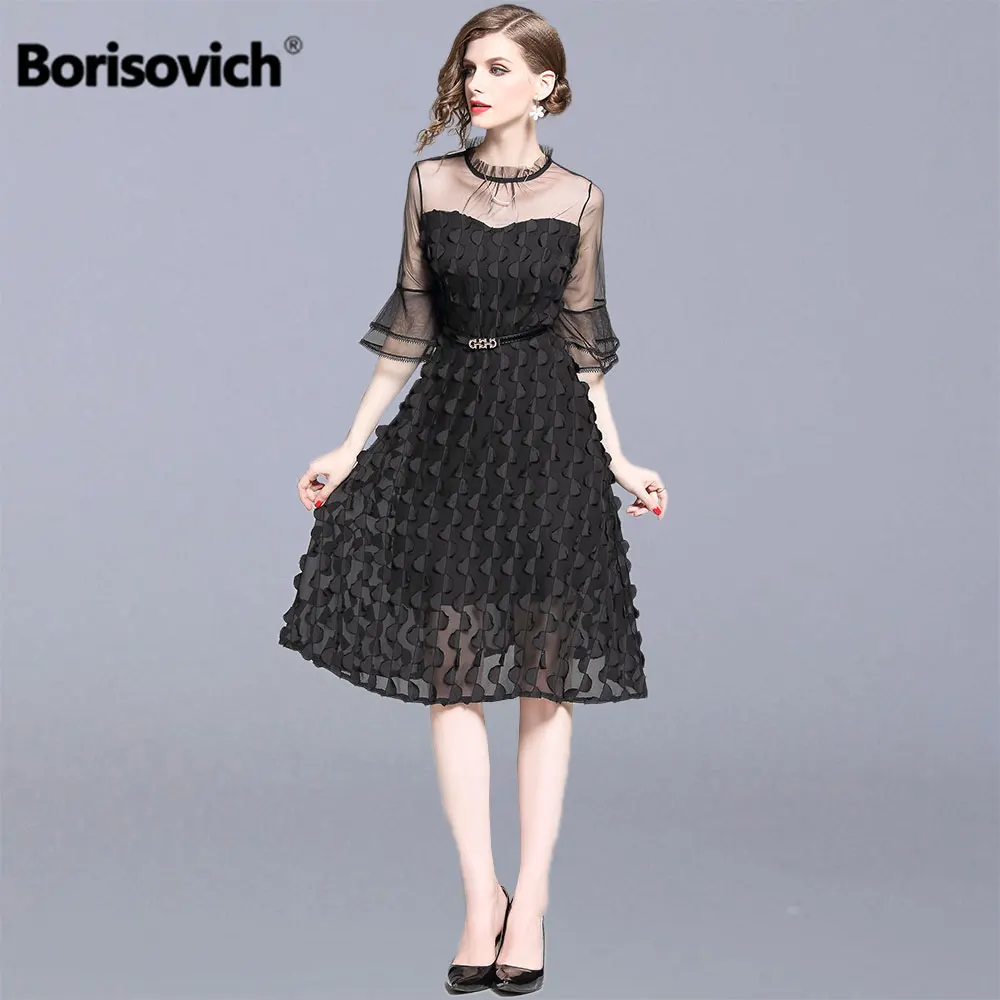 

Borisovich Ladies Elegant Party Dresses New 2019 Summer Mesh Patchwork Flare Sleeve Knee-length A-line Women Casual Dress N1071