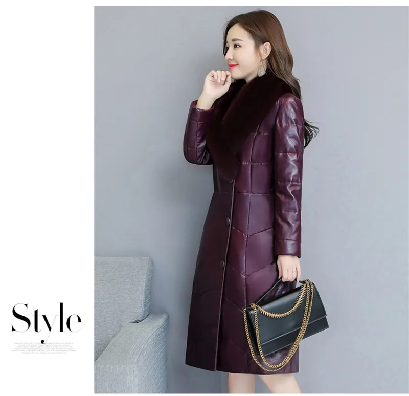 New Fashion Autumn Winter Women Leather Jacket Slim Parka Overcoat Female Faux Fur Collar Plus Size Long Fur Coats A1362