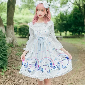 

Women Casual JSK Sleeveless Strap shirred Dress Lolita Princess Back Open Lace Bowknot Dress Rainbow Print Fancy Gift For Girls