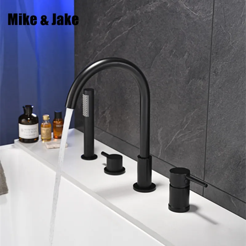 Billig Schwarz Wasserfall Badewanne mixer mit messing hand dusche doppel funktion schwarz bad wasserhahn deck montiert bad dusche wasserhahn MJ04118H