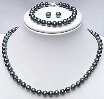 

Women Gift word Love real Real 8-9 mm Black Pearl White Clasp Bracelet Earrings Necklace Set
