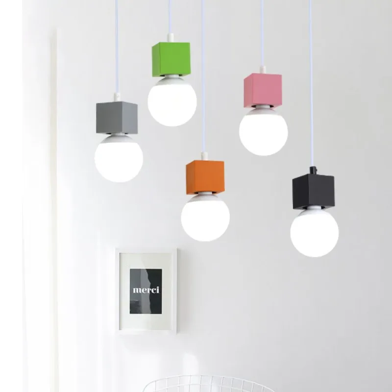 

Modern led Pendant Light Colorful Minimalist Lighting Iron Small Cube Hang Lamp for Bedroom Kitchen Dinning Room Indoor Decor