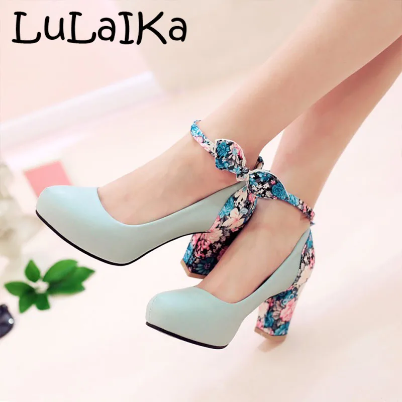 

5 Color Size 34-39 Sexy Fine Heel Bowknot Women High Heels Embroidered Inside Platform Ankle Strap Flower Pumps Party Lady Shoes