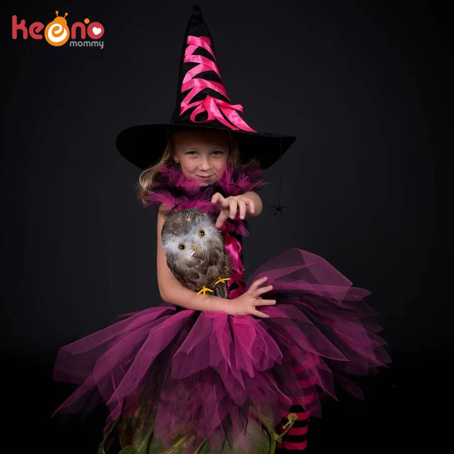 Halloween Girl Witch Hot Pink Black Cosplay Tutu Dress Knee Length Evening Party Dress Kids Holidays Tutus Purim Dress (6)
