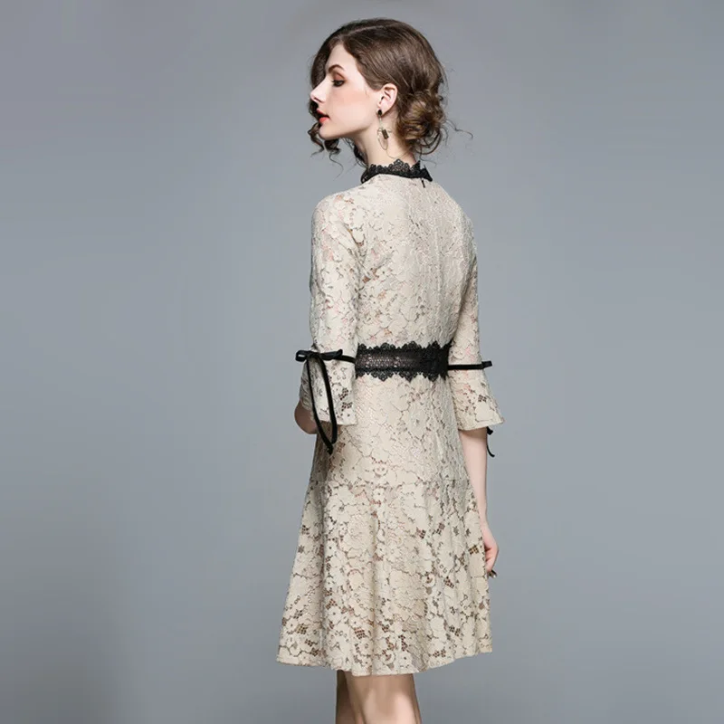 HIGH QUALITY New Fashion 2018 Runway Dress Women's Flare Sleeve Hollow out lace fishtail dress Lady Skirt Midi Dress
