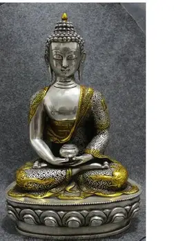 

13" Tibet Silver Gilt Dragon Joss Shakyamuni Sakyamuni Buddha Robe Bowl Statue Tibetan Silver bronze factory outlets