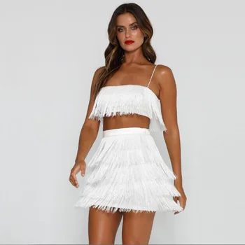 

2018 Newest Fshion White 2 Pieces Bandage Dress Women Sexy Spaghetti Strap Strapless Tassel Two Pieces Set Night Out Party Dress
