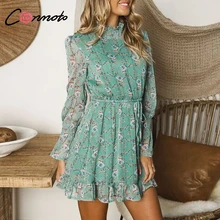 Conmoto Floral Mulheres Vestido Outono Inverno Feminino Manga Longa Babados Gola Vestido Curto Casual Vestidos Vestido de Festa Elegante
