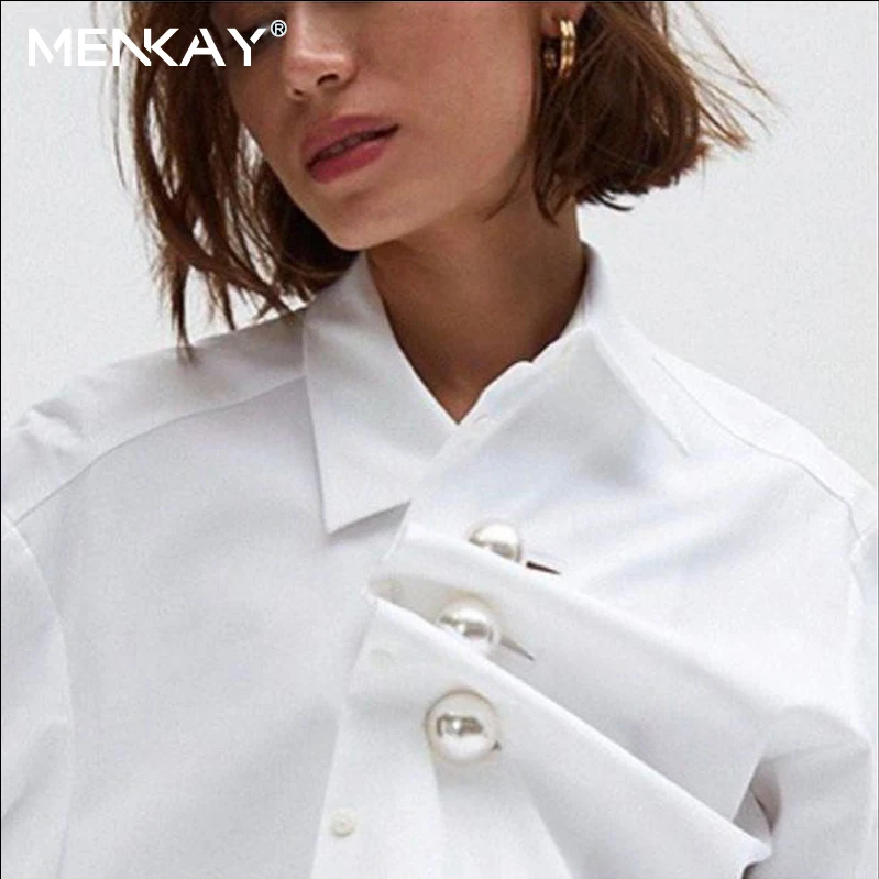 

[MENKAY] Two-way Wear Pearl Buttons Turn Down Collar Long Sleeve Irregular Cotton Shirt Women Tops White Black Blouse Streetwear