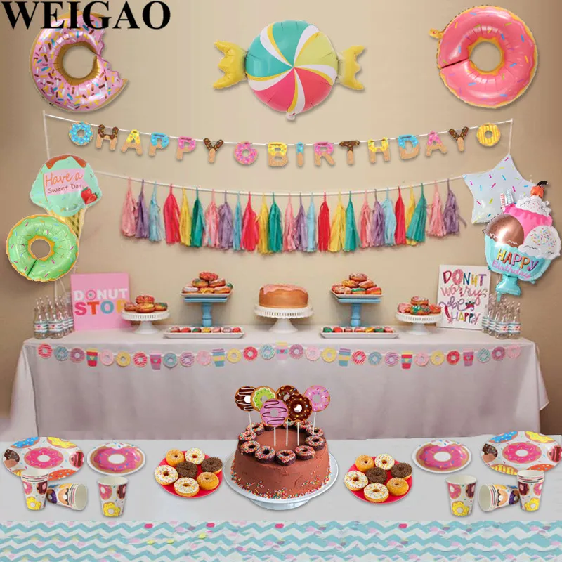 WEIGAO пончик вечерние пончик вырасти День рождения украшения Дети 1-й День рождения одноразовые набор столовых приборов бумажные тарелки салфетки под чашки