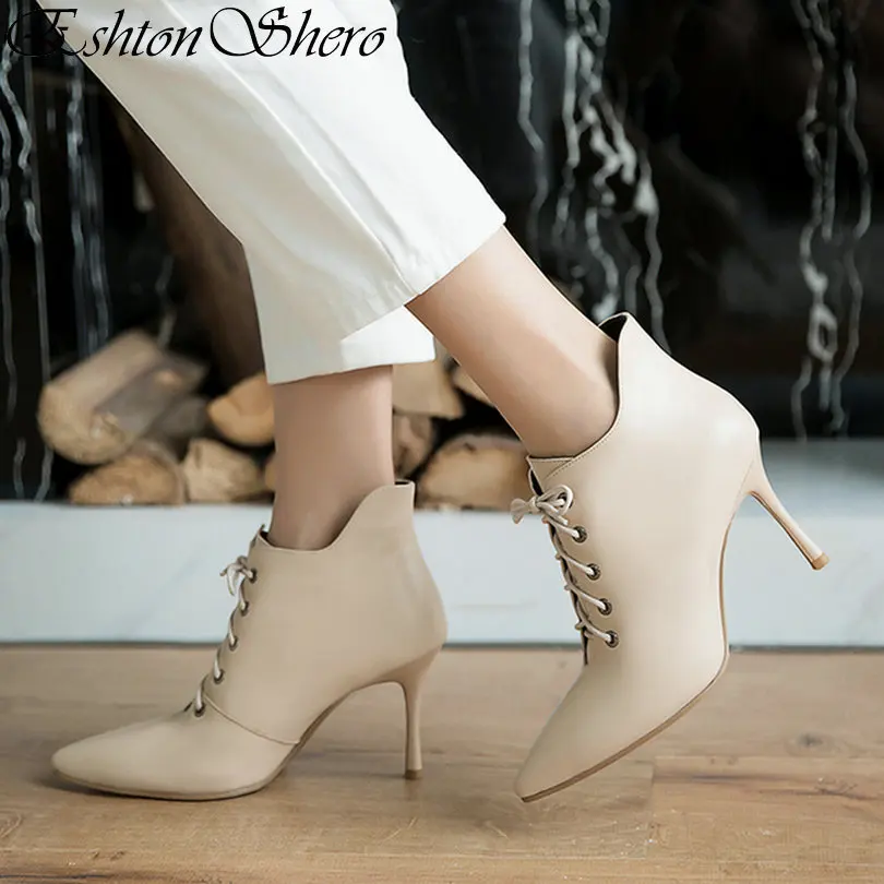 

EshtonShero Women Ankle Boots Shoes Woman Genuine Leather+ PU Platform Lace Up High Heels Autumn Ladies Wedding Boot Size 34-43