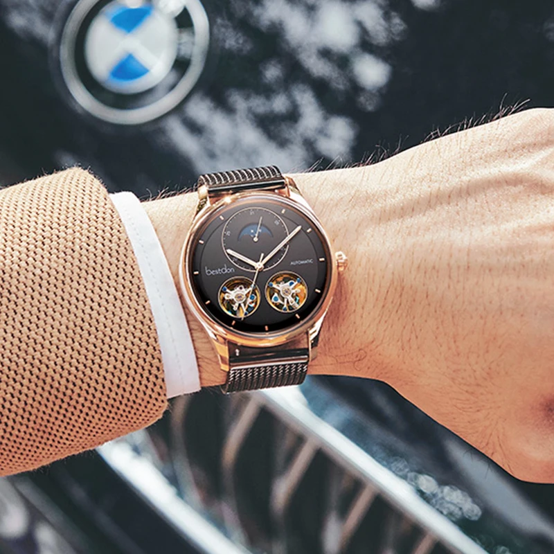 Bestdon Double Tourbillon Men's Watch Fashion Automatic Mechanical Watches Moon Phase Stainless Steel Switzerland Luxury Brand