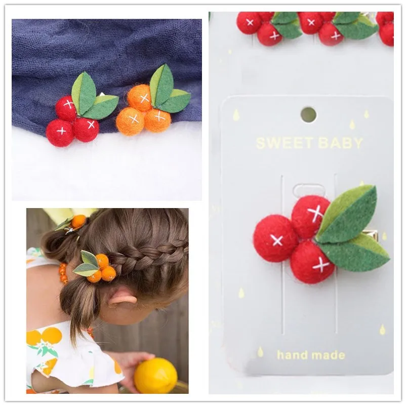 

2019 Children's Headdress Small Orange Felt Ball Girl Hair Clips Fruit Leaves Hairpins Handmade Barrettes Kids Headwear