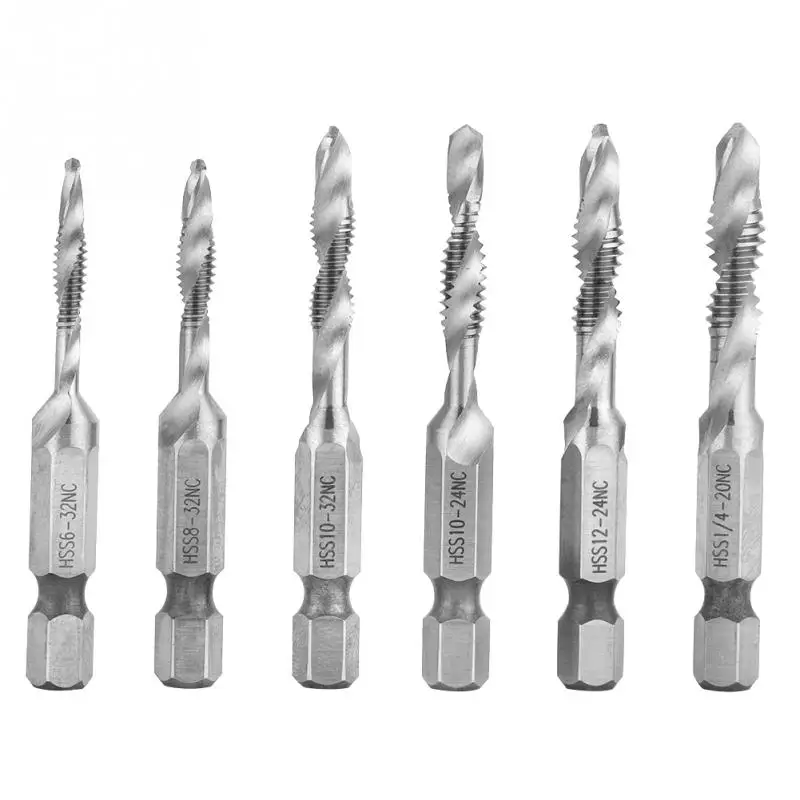 

6pcs HSS Taps Drill Bits 1/4in Hex Shank Combination Screw Tap Drill Bit Set Hardware Tools