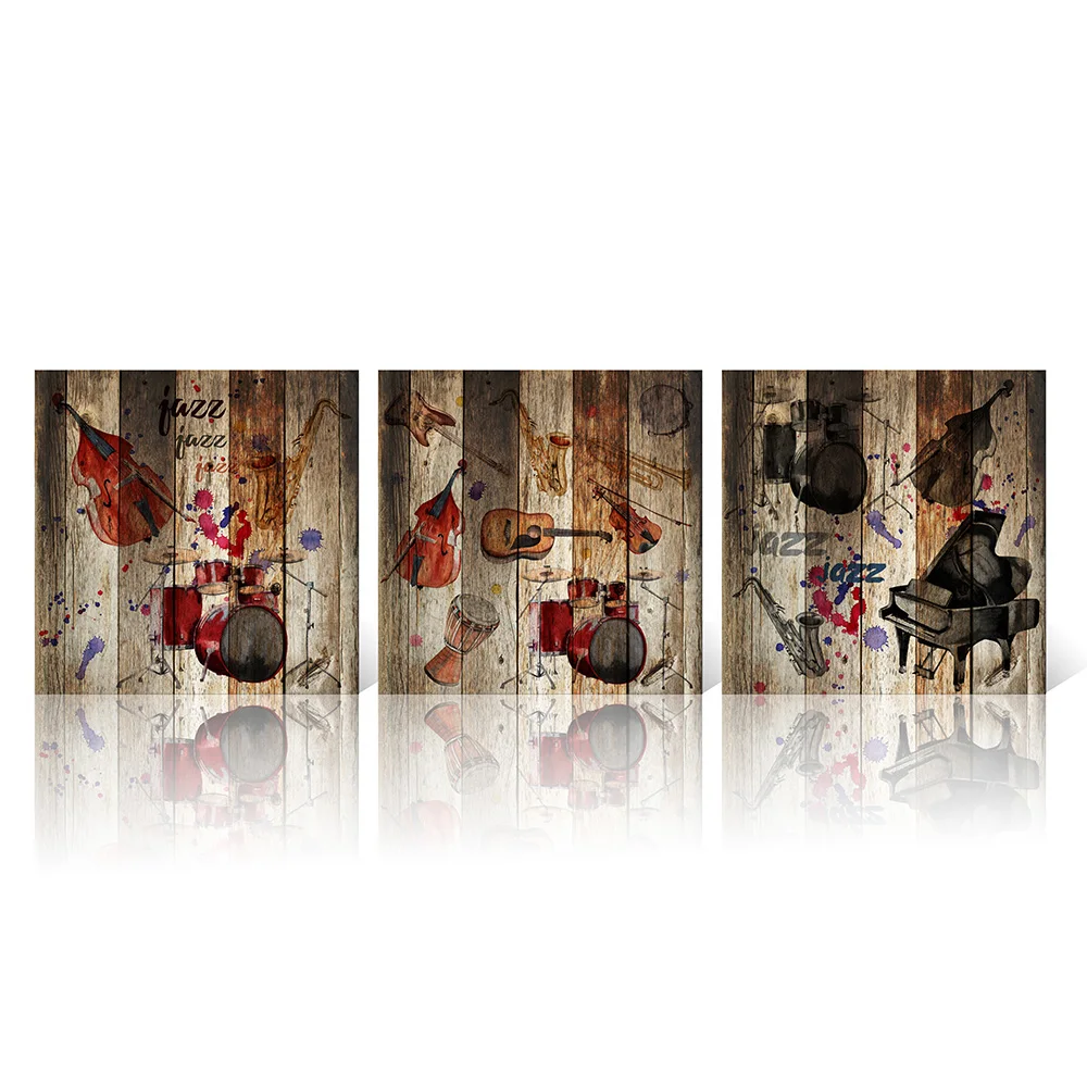 

3 Piece Music Canvas Wall Art Violin Piano Guitar And Drum Set Pictures On Vintage Wood Board Background Home Wall Decor