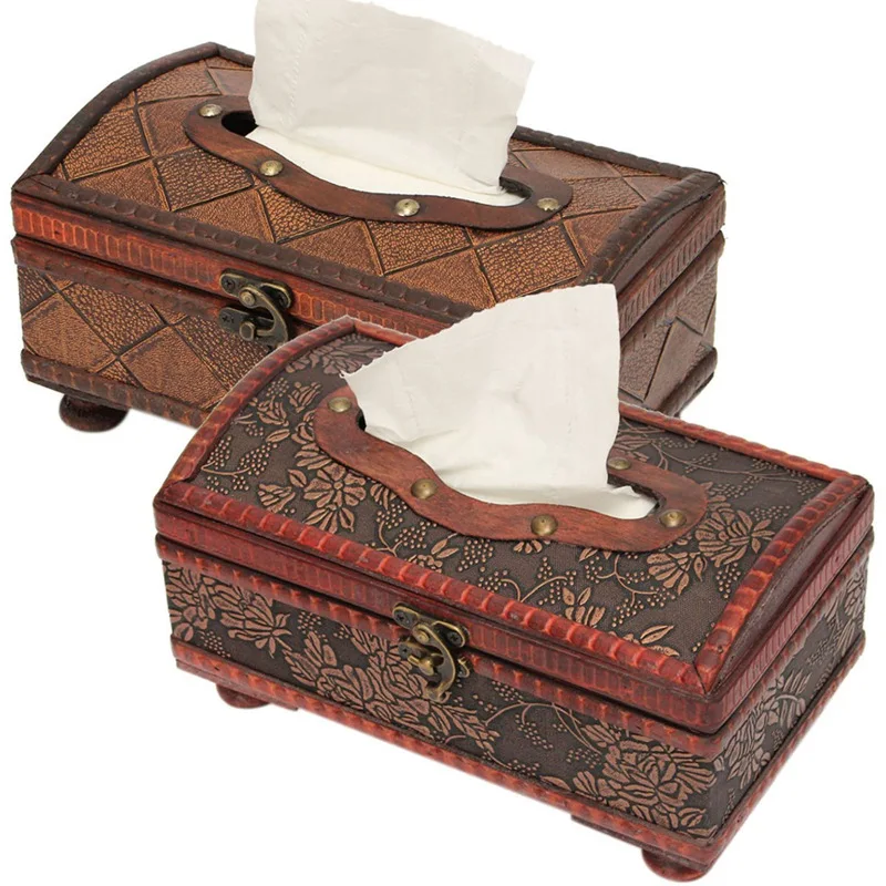 

Vintage Wooden Retro Tissue Paper Box Cover Napkin Holder Case Container Craft Home Car Rectangle Gift Ornament