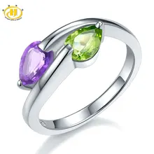 Hutang Genuino Peridoto y Amatista Pear Sólido 925 Anillo de Plata Esterlina Para Las Mujeres Joyería Fina de Piedras Preciosas Al Por Mayor