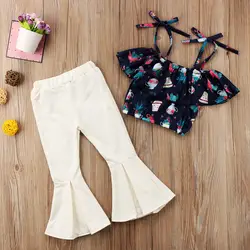 Модная детская одежда для маленьких девочек с бантом ремень с плеча короткий рукав Цветочный Топы белого цвета расклешенные штаны 2