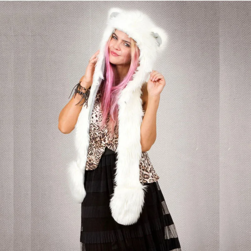 Зимняя мода теплая панда животное искусственный мех шапка шарф варежки уши и лапы шапка шарф шаль наборы перчаток PC187 - Цвет: white